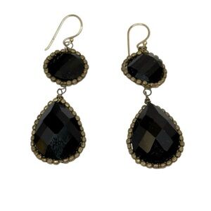 Elegant Antique Gold-Tone Black Glass Drop Dangle Earrings Vintage-Style